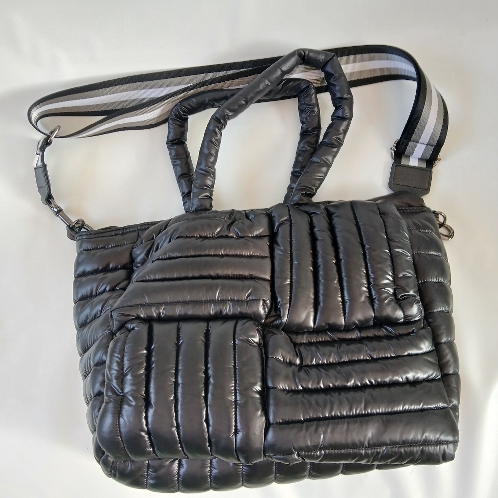 Think Rolyn Puffer Quilted Black Purse Handle Shopper Crossbody Straps